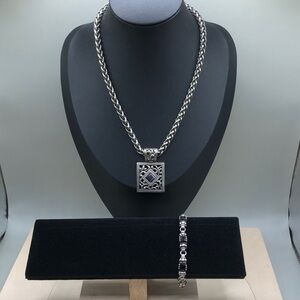 Antique silver tone curated jewelry set necklace and bracelet statement style